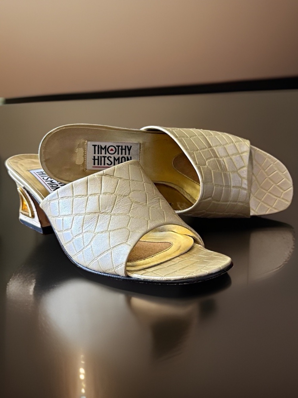 Vintage Timothy Hitsman Mules 7N Gold Croc Leather Block Heel 80s 90s Spain